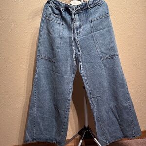 Women’s fade wash wide leg flares drawstring waist denim jeans size large NEW